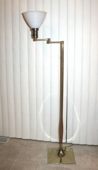 Vtg Torchiere Floor Lamp Brass Finish Swing Arm Art Deco Teak Milk Glass Shade