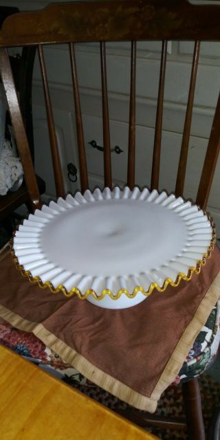Vintage Fenton Ruffled Yellow Crest White Milk Glass Pedestal Cake Stand