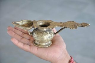 Old Brass Handcrafted Unique Shape Solid Oil Lamp With Holy Water Pot