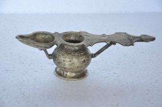 Old Brass Handcrafted Unique Shape Solid Oil Lamp With Holy Water Pot 2