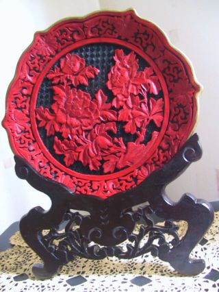 Vintage Chinese Cinnabar Lacquer Carved Plate With Stand And Box