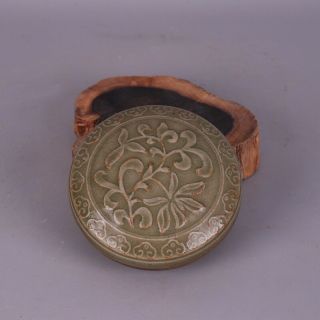 Chinese Old Yaozhou Kiln Celadon Glaze Carve Flower Pattern Porcelain Inkpad Box