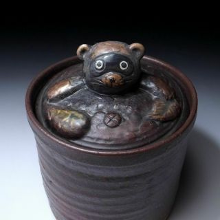 @CP33 Japanese Pottery Tea ceremony Container,  Mizusashi,  Osuna ware,  Tanuki 3