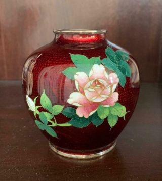 Japanese Cloisonne Vase Pigeon Blood Real Silver Mounts 3.  5 " Red W/roses&leaves