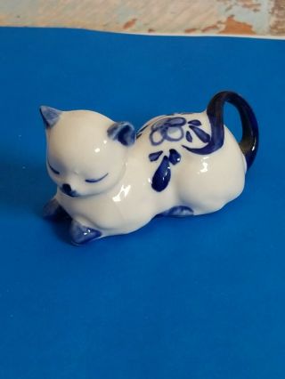 Vintage Porcelain Kitten Cat Figurines Blue White Accents Flowers Miniature Mini