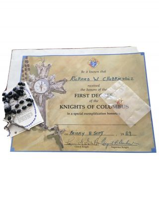 Vintage Knights Of Columbus Gold Tone Enamel Lapel Pin Rp3/rosary/certificate