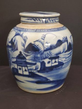 Antique 19th C.  Chinese Export Canton Blue & White Porcelain Ginger Jar