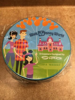 Set 5 Disney World Shag Magic Kingdom 40th Anniversary Coaster Tin Josh Agle