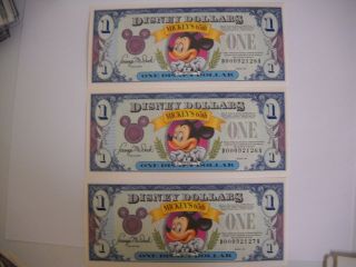 Disney Dollars 1993 Consecutive Numbers 3 One Dollar Bills Da