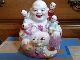 Chinese Temple Porcelain Hand Made Happy Laugh Buddha Statue With 5 Kids