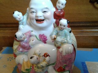 Chinese temple porcelain hand made happy laugh Buddha statue with 5 Kids 2
