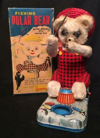 Vintage Alps Japan Battery Operated Fishing Polar Bear With Box