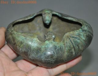 Old Chinese Feng Shui Bronze Animal Lucky Wealth Bat Pen Wash Ashtray Statue