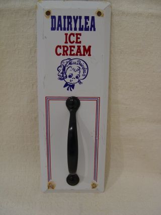 Vintage Dairylea Ice Cream Stamped Metal Advertising Door Pull Character Sign