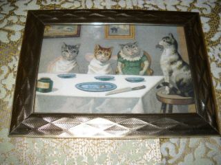 Cats At Dinner Table 4 X 6 Gold Framed Animal Picture Victorian Style Art Print