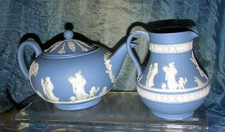 Vintage Wedgwood Blue And White Jasperware Teapot Detailed Figurals England