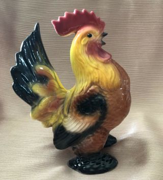 Vintage Yellow And Black With Brown Ceramic Pottery Regal Rooster Figure 6.  75”
