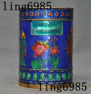 Old Chinese Bronze Cloisonne Flowers Ancient People Statue Brush Pot Pencil Vase