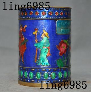 Old Chinese bronze Cloisonne flowers ancient people statue Brush Pot pencil vase 2