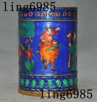 Old Chinese bronze Cloisonne flowers ancient people statue Brush Pot pencil vase 3