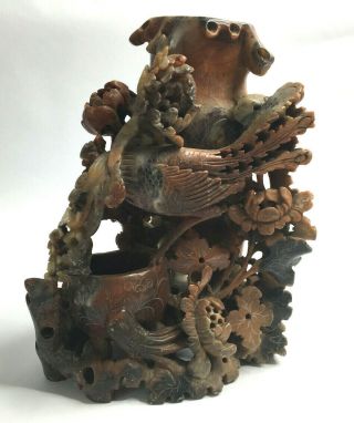 Vintage Chinese Oriental Hand Carved Soapstone Bird Vase Or Brush Pen Holder