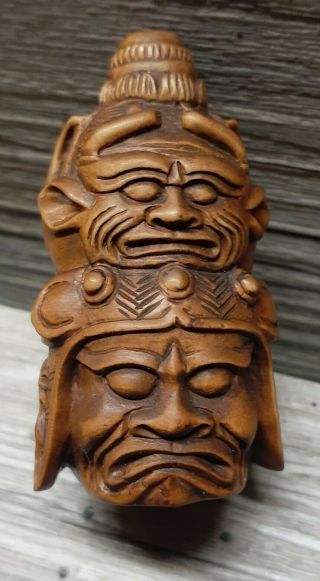 Antique Japanese Netsuke Hand Carved Wood Samurai Faces Signed