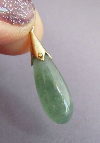 Vintage Chinese Asian 14k Gold Translucent Green Jade Pear Dangle Pendant