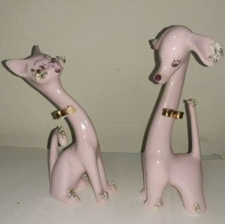 Vintage Large Pink Poodle Dog Cat Figurine Ceramic Gold Trim Spaghetti Set
