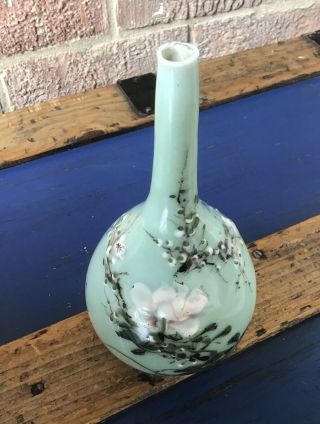 Antique Chinese Celadon Hand Painted Cherry Blossom Bottle Bud Vase