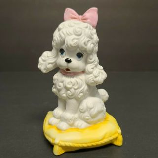Vintage Ceramic White Poodle Sitting On Yellow Pillow Figurine 6 "