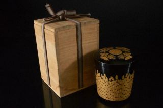 Z7045: Japanese Wooden Flower Gold Lacquer Pattern Tea Caddy Natsume W/box