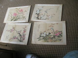 4 Unframed Japanese Paintings Silk Birds Flowers Signed As Found