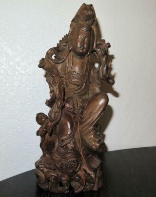 Antique Chinese Carved Wood Kwan Yin W/ Child Figure Statue