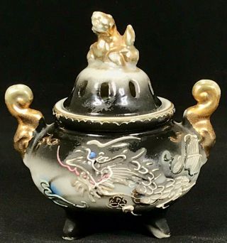 Old Vintage Japanese Moriage Porcelain Incense Burner Footed Dragon Ware Signed