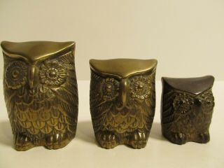 Vintage Set 3 Solid Brass Owl Figurines Paperweights Korea