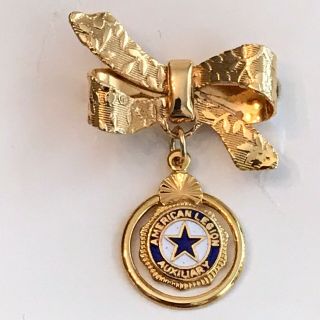 American Legion Auxiliary Pin Brooch Ladies Gold Tone Bow Dangle Circle Rare