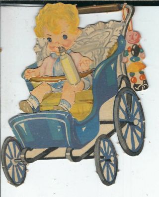 Ab - 173 Baby With Bottle In Old Tyme Carriage Paper 4x5 - Inches 1950s