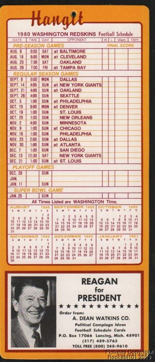 1980 Ronald Reagan For President / Washington Redskins Schedule Hanger