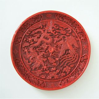 Chinese Oriental Cinnabar Lacquer Dish With 5 Clawed Dragon & Phoenix Design