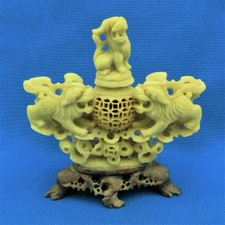 Vintage Chinese Hand Carved Soapstone Foo Dog Incense Burner