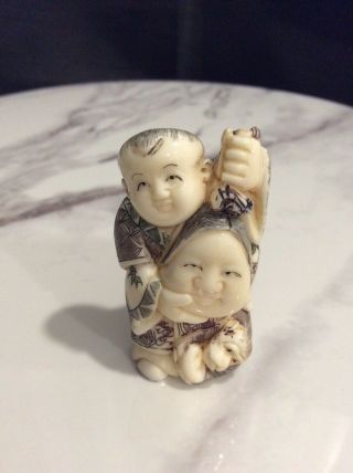 Vintage Japanese Netsuke Carved Man With Face And Monkey Artist Signed Read