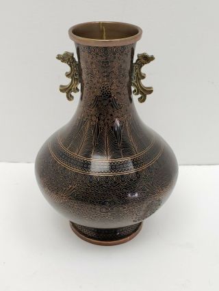 Vintage Chinese Copper Enamel Cloisonne Vase Black Copper Brown Floral Dragon