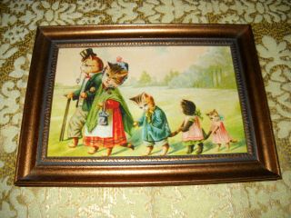 Cat Family On A Walk 4 X 6 Gold Framed Animal Picture Victorian Style Art Print