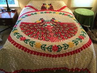 Vintage Double Peacock Chenille Bedspread 104” X 90” Flowers