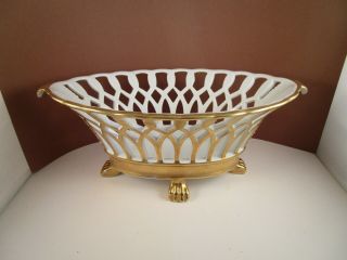Vintage Vista Alegre Portugal Reticulated Oval White Gold Footed Console Bowl