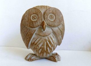 Hand Crafted Wooden Owl Figurine 6 " Tall Folk Art Whitewashed Finish