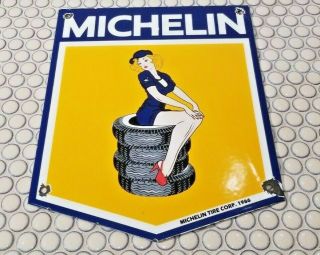 Vintage Michelin Tires Porcelain Gas Service Station Dealership Pin Up Girl Sign