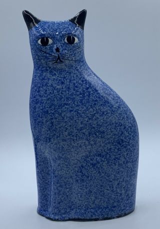 Calico Blue Sponge Speckled Folk Art Primitive Kitty Cat Kitten Porcelain Figure