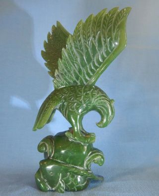 Vintage Chinese Green Jade Eagle On A Rock Carp Fishing