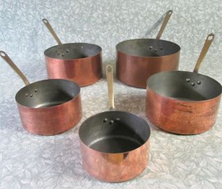 Vintage French Set 5 Copper Saucepans 3.  7kg / 8lb Tin Lined Brass Handles